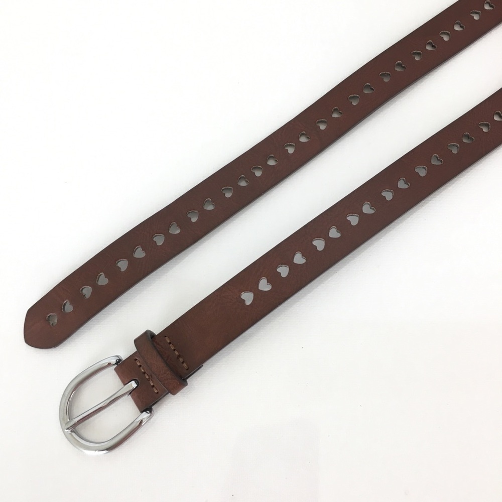 Women’s Thin Heart Filigree Leather Belt Brown Shiny Silver Buckle - Picture 3 of 6